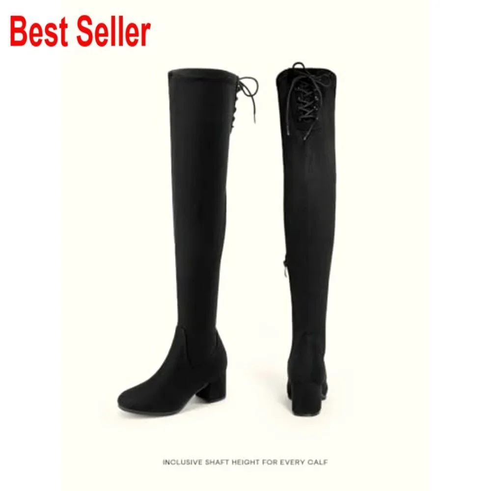 Suede Over The Knee Boots Chunky Heel Stretch Thigh High Boots